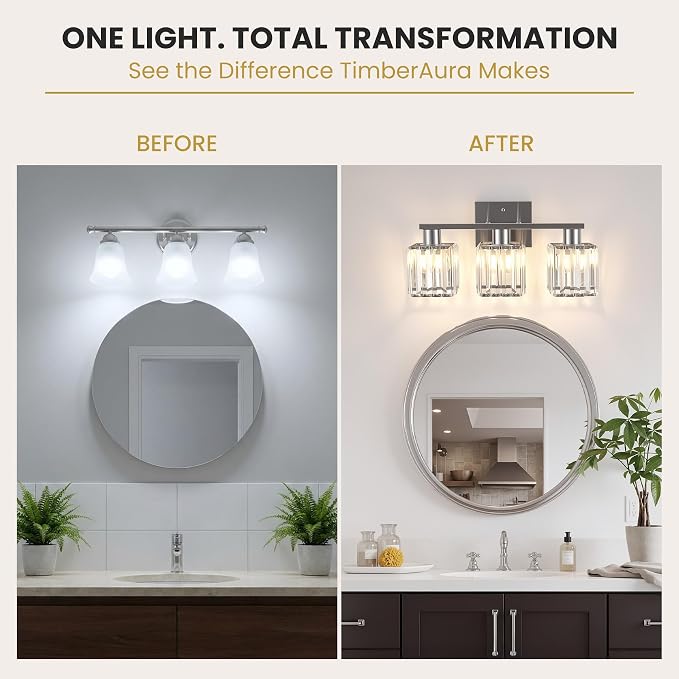 Crystal Bathroom Light Fixtures, 3-Light Brushed Nickel, Vanity Lights for Bathroom Over Mirror, Modern Bath Wall Sconce for Mirror Bedroom Living Room