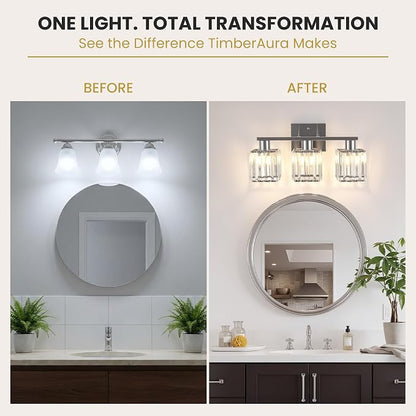 Crystal Bathroom Light Fixtures, 3-Light Brushed Nickel, Vanity Lights for Bathroom Over Mirror, Modern Bath Wall Sconce for Mirror Bedroom Living Room