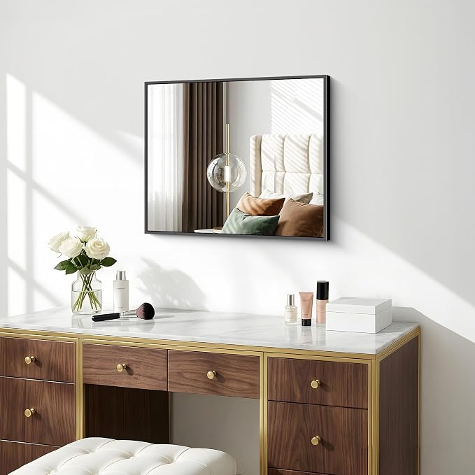 BONEWEI Bathroom Mirror,20x24 inch Wall Mirror for Bathroom Wall Mounted Black Rectangle Square Corner Mirrors,Black Bathroom Mirror for Living Room,Farmhouse,Bedroom Entryway,Horizontal/Vertical