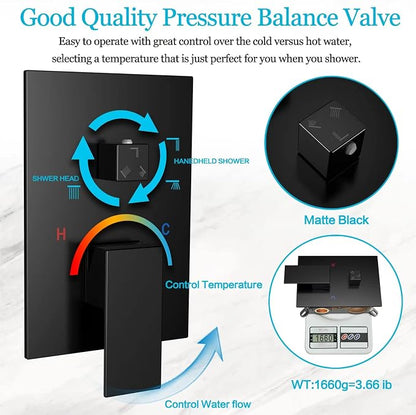 Matt Black Shower System Rain Faucet Set with Tub Spout, 10 inch | All-Metal Wall Mounted Bathroom Shower Faucet Set with Safe Pressure Balance Valve, Water Saving High Pressure Rainfall Head