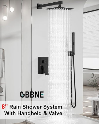 Shower Faucet Set Rainfall Shower System with Square Showerhead and Handle Set Fixture with 2 in 1 Function Handheld Sprayer Wall Mounted Trim Repair Kit Rough-in Valve 8 Inch Matte Black