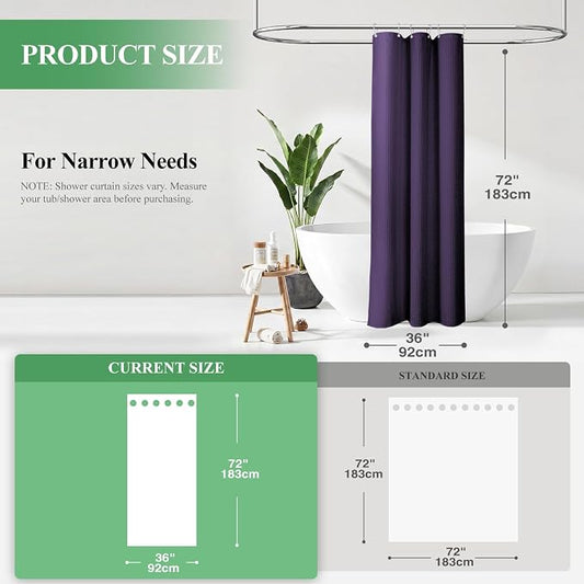 Stall Waffle Shower Curtain 256 GSM Heavy Fabric 36x72 Purple | Narrow Half Size, Thick Cloth, Weighted Hem, Water Repellent, Hotel Luxury Polyester Shower Curtain Set for Bathroom 6 Hooks