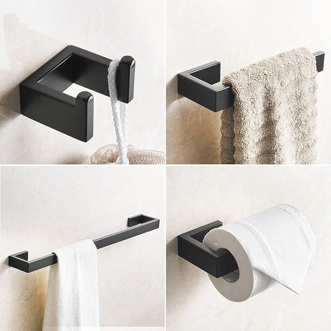 Fapully 4-Piece Bathroom Hardware Accessory Set Matte Black | with 24" Towel Bar Towel Ring Paper Holder Robe Hook