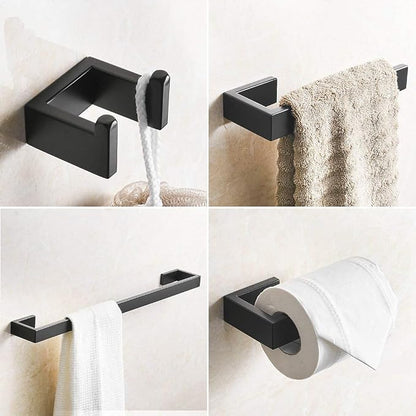 Fapully 4-Piece Bathroom Hardware Accessory Set Matte Black | with 24" Towel Bar Towel Ring Paper Holder Robe Hook