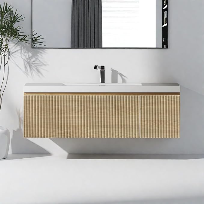 Wall Mounted Bathroom Sink Vanity, Modern 48" Floating Vanity with Resin Basin, U-Shaped Soft-Close Storage Drawer & Side Door, Striped Bathroom Storage Cabinet with Invisible Handle, Wood