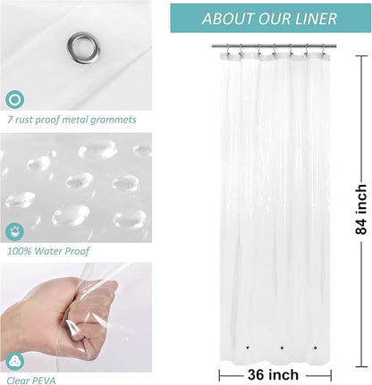 36x84 Stall Size Shower Curtain Liner Clear | 3 Bottom Magnets,7 Rustproof Grommets,Water Proof Heavy Duty PEVA,36W x 84H for Small Bathroom or Shower Stall Extra Long