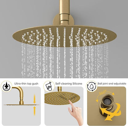 BESy Shower System with 10 Inch Round Rain Shower Head and Handheld Wall Mounted, High Pressure Rainfall Shower Faucet Fixture Combo Set with 2 in 1 Handheld Showerhead for Bathroom, Gold
