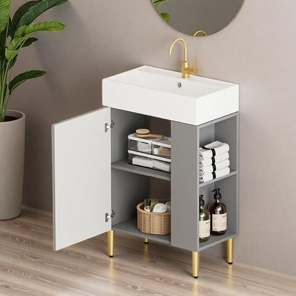21.6" Freestanding Bathroom Vanity with Ceramic Sink, Matte Gray | Ceramic Sink, Wave-Pattern Door & Two-Layer Right Open Compartment, Bathroom Storage Cabinet, Easy Installation