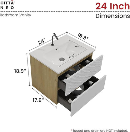 24'' Floating Bathroom with Sink Combo, Modern Bathroom Cabinet with 2-Soft Close & Large Storage Drawers, for Small Space, Apartment, Hotel, White and Natural (Already Assembled)
