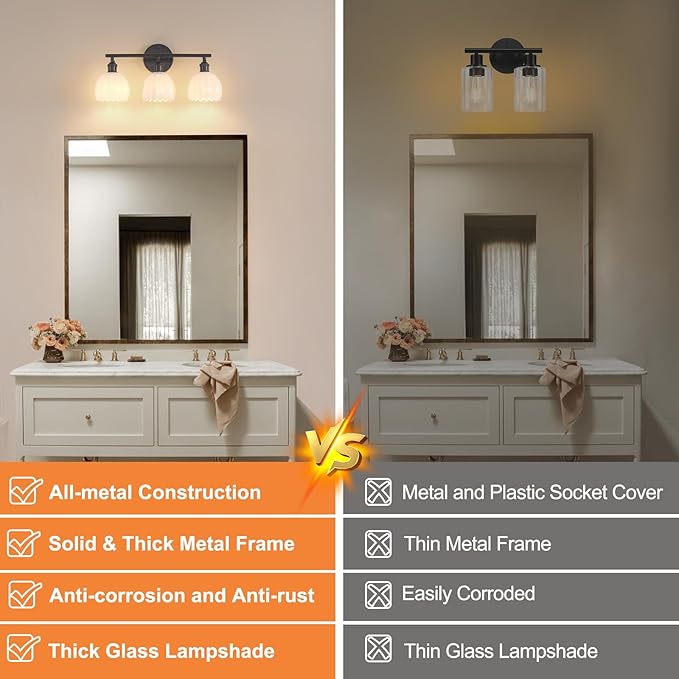 Bathroom Light Fixtures, 3-Light Black Vanity wall Light Over Mirror with White Tulip Glass Shade for Bedroom Living Room (Bulb Not Included)