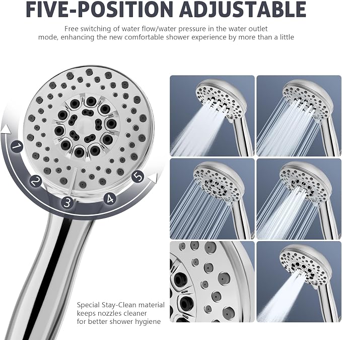 High Pressure Shower Head with Powerful Shower Spray, 5 Spray Modes, Non-Clogging Nozzles（Black）