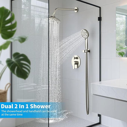 EMBATHER Shower Faucets Sets Complete, with 3 Setting High Pressure Shower Head Combo, Bathroom Wall Mounted Rainfall Shower System Fixtures with 8-Mode Handheld Spray, Brushed Nickel
