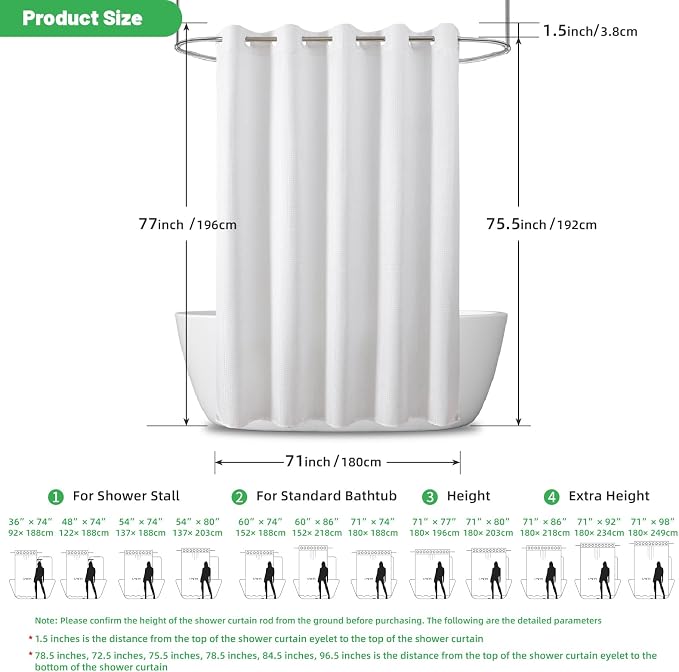eachope No Hook Waffle Shower Curtain, No Liner Needed, 71x74 Inch, White | 100% waterproof TPU-laminated backing, magnetic weighted hem, machine washable, shower curtain set for bathroom or hotel use