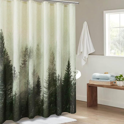 ORTIGIA Green Misty Forest Linen Shower Curtain Nature Mountain Tree Woodland Shower Curtain Set for Bathroom Heavy Blend Fabric Curtains with 10 Metal Hooks 60x72 Inch
