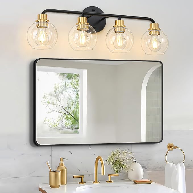 4 Light Bathroom Vanity Light, Black and Gold Bathroom Light Fixtures | with Clear Glass Shade Modern Wall Sconces Lighting Bath Wall Lights Lamp for Mirror Kitchen Living Room Bedroom Hallway