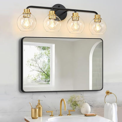 4 Light Bathroom Vanity Light, Black and Gold Bathroom Light Fixtures | with Clear Glass Shade Modern Wall Sconces Lighting Bath Wall Lights Lamp for Mirror Kitchen Living Room Bedroom Hallway