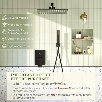 Shower System, Matte Black Shower Faucet Set, 12 Inch Rain Shower Head with Handheld Spray, High Pressure Shower Head System with Shower Valve and Trim Kit, Wall Mounted Shower Head Set