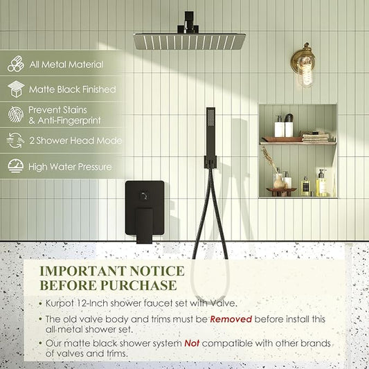 Shower System, Matte Black Shower Faucet Set, 12 Inch Rain Shower Head with Handheld Spray, High Pressure Shower Head System with Shower Valve and Trim Kit, Wall Mounted Shower Head Set