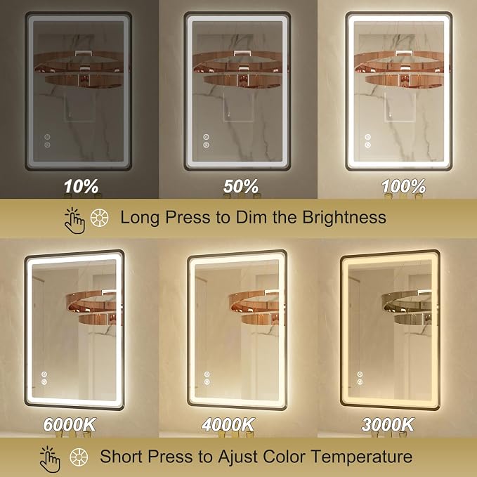20"x 28" LED Bathroom Mirror with Black Framed, Front and Backlit, Lighted Bathroom Mirror for Wall with Stepless Dimmable, Anti-Fog, Memory, 3 Colors, Round Corner LED Vanity Mirror with Lights