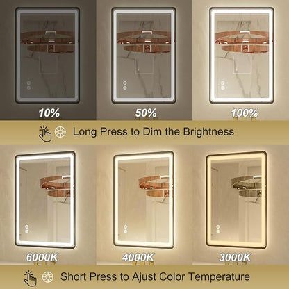 20"x 28" LED Bathroom Mirror with Black Framed, Front and Backlit, Lighted Bathroom Mirror for Wall with Stepless Dimmable, Anti-Fog, Memory, 3 Colors, Round Corner LED Vanity Mirror with Lights