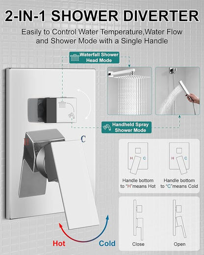 Shower Faucet Set Rainfall Shower System with Square Showerhead and Handle Set Fixture with 2 in 1 Function Handheld Sprayer Wall Mounted Trim Repair Kit Rough-in Valve 12 Inch Polish Chrome