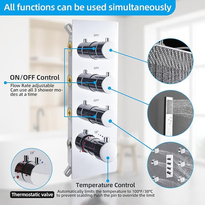 Bathroom Shower System, 16X32 inches Ceiling Mount Thermostatic Large Rain Shower with Adjustable Flow Body Jets, Multi Shower Jets System Can Run All At Once (Chrome)