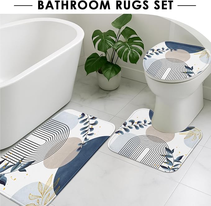 Bathroom Sets with Shower Curtain and Rugs, 4 Pcs, Boho Leaves | Minimalist Plant Abstract Bathroom Decor Set with Toilet Lid Cover, Non-Slip Bath Mats and Accessories 12 Hooks