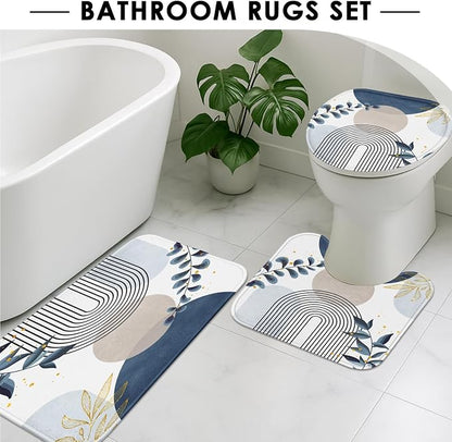 Bathroom Sets with Shower Curtain and Rugs, 4 Pcs, Boho Leaves | Minimalist Plant Abstract Bathroom Decor Set with Toilet Lid Cover, Non-Slip Bath Mats and Accessories 12 Hooks
