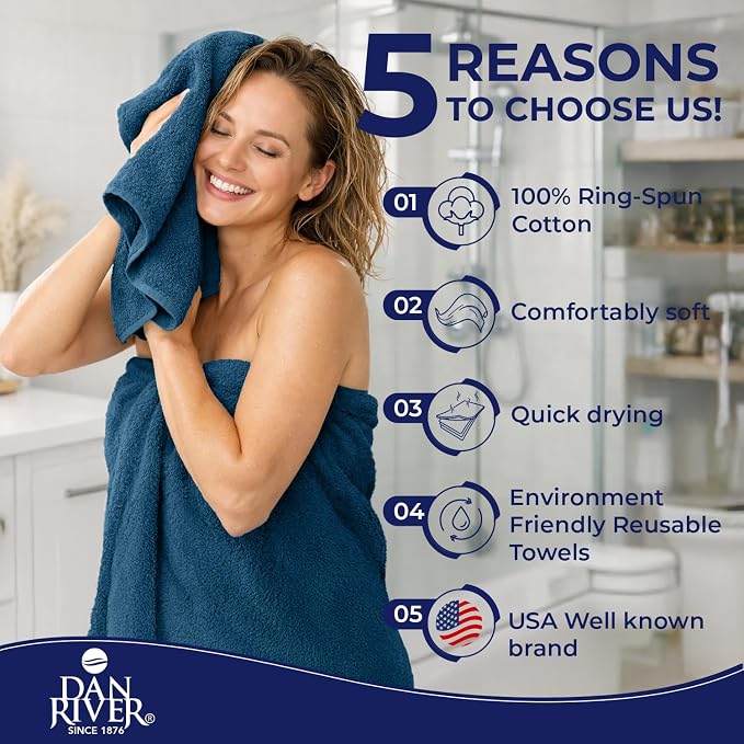DAN RIVER 8 Piece Luxury Bath Towels for Bathroom, Towel Set, Blue Opal | 2 Bath towels, 2 Hand towels, and 4 Wash Cloths, 600 GSM 100% Ring Spun Cotton, Highly Absorbent, Gym, Hotel, guest, and Spa