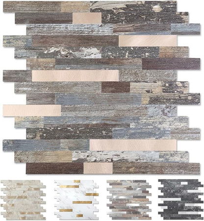 Yipscazo 5 Sheets Peel and Stick Wood Metal Tile Backsplash, Stick on Tiles for Backsplash Kitchen, Bathroom, Laundry Room, Camper, Fireplace (12'' X 12'', Mix Rustic with Gold)