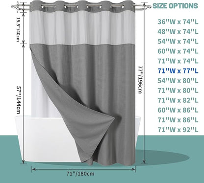 eachope No Hook Waffle Shower Curtain with Snap-in Liner, 71x77 Inch, Grey | 230 GSM waffle weave fabric, waterproof liner set with 2 bottom magnets, mesh top window, washable, for bathroom or hotel use