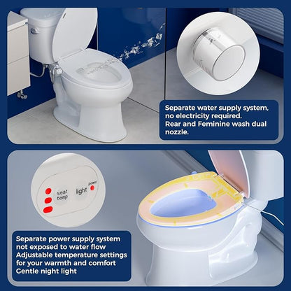 Elongated Heated Toilet Seat with Night Light, Three Temperature Settings Heated Seat,70 in Power Cord, Fit Elongated Toilet, Cold Water Bidet Function Toilet Seat With Slow Close