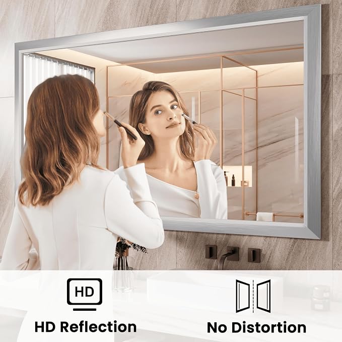 Bathroom Mirror for Wall, 55x32 Inch (Brushed Silver) | HD Reflection, Tempered Glass, Thick Metal Framed Rectangle Mirrors for Over Sink, Bedroom, Living Room, Entryway, Anti-Rust.