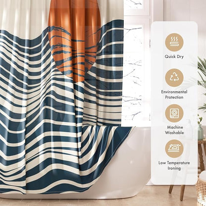 AmazerBath Boho Shower Curtain, 72x72 Washable Cloth Navy Sea and Sunset Shower Curtain with 12 Hooks, Fabric Rustic Shower Curtain Set, Farmhouse Modern Tan Shower Curtains for Bathroom Camper RV