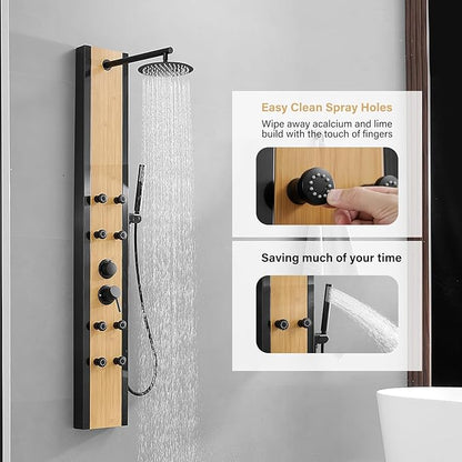 Shower Panel Tower System with Rainfall Shower Head, Wooden-style 304 Stainless Steel Shower Panels with 8 Body Massage Jets,Handheld for Home Hotel Bathroom Lavatory