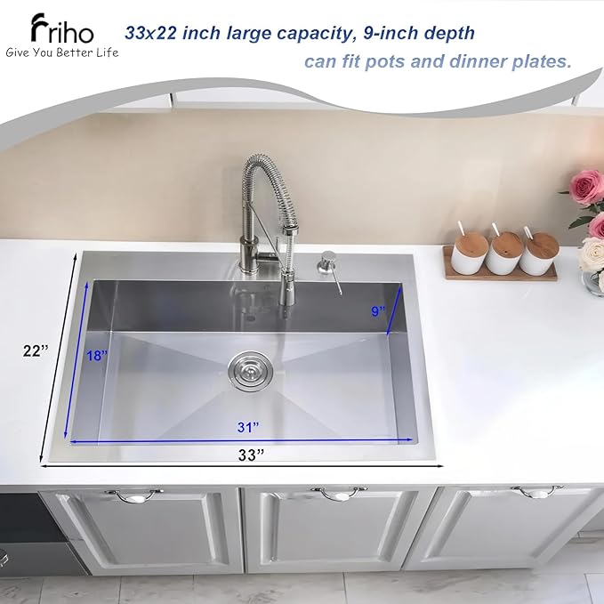 Friho 33x22 Inch Drop In Kitchen Sink, Top Mount Silver SUS304 Stainless Steel Single Bowl, 18 Gauge Handmade Sink with Basket Strainer