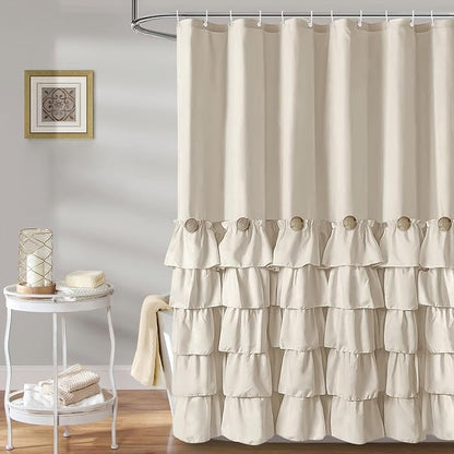 Seasonwood Beige Ruffle Shower Curtain Neutral Shower Curtain 72 x 78 | Natural button accents, layered fabric tiers, shabby chic and French country styling for decorative bathroom updates