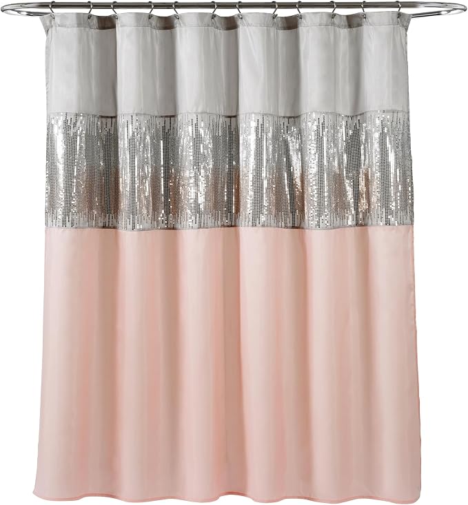 Lush Decor Night Sky Shower Curtain, Single, 72" W x 72" L, Gray & Blush - Sequin Shower Curtain - Sparkly Color Block Bath Curtain - Modern Glam Bathroom Decor