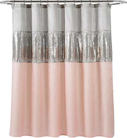 Lush Decor Night Sky Shower Curtain, Single, 72" W x 72" L, Gray & Blush - Sequin Shower Curtain - Sparkly Color Block Bath Curtain - Modern Glam Bathroom Decor