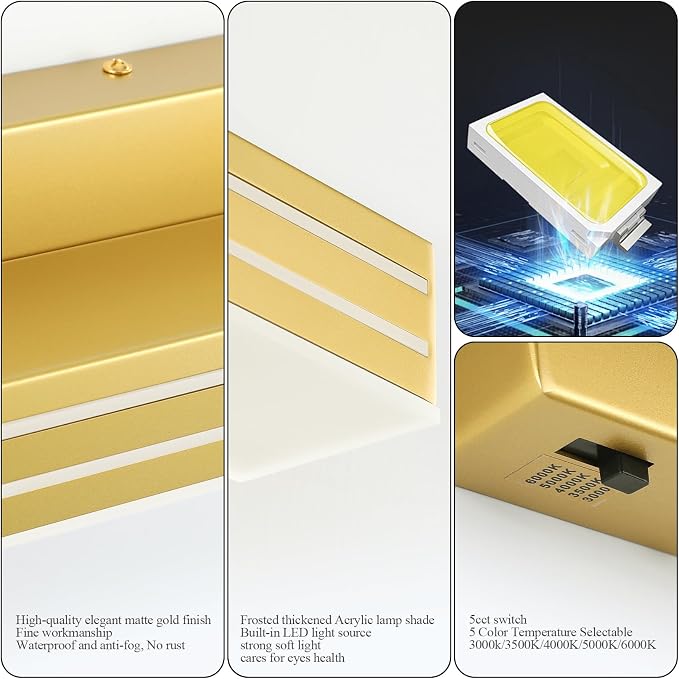Ralbay 40inch Gold Vanity Light with 5 Color Temperature (2700K-6000K) Dimmable Acrylic Metal 36W LED Modern Matte Gold Bathroom Lighting Over Mirror