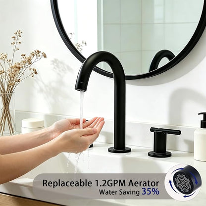 Matte Black Bathroom Faucet 3 Hole, VAPSINT 8 Inch Widespread Black Bathroom Sink Faucet, 2 Handle Modern Bathroom Faucets for Vanity Lavatory RV Restroom with Pop Up Drain & Supply Hoses