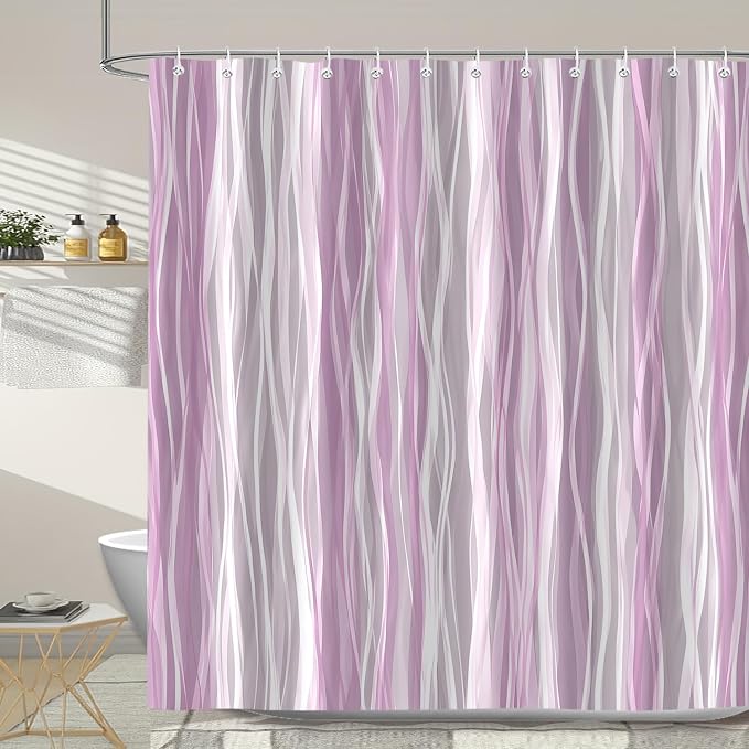 Moonslim Pink Grey Ombre Shower Curtain, Modern Wavy Abstract Striped Line Bathroom Curtain, Waterproof Fabric Bath Decor, 72 x 72 Inch