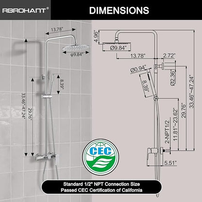RBROHANT Exposed Shower System with Tub Spout, Brushed Nickel Exposed Pipe Shower Faucet with 3 Functions Brass Shower Valve, Shower Height Adjustable, Wall Mounted