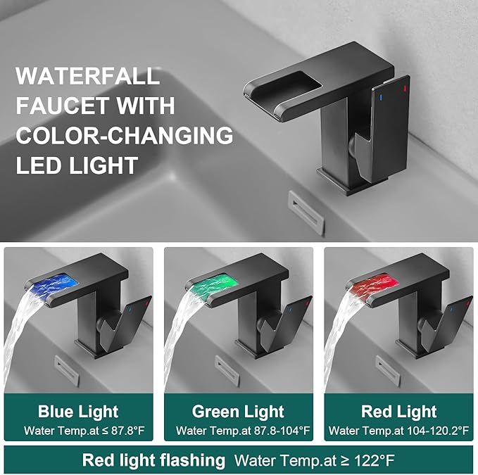 Hoimpro LED Waterfall Bathroom Faucet Matte Black, Single Handle Bathroom Sink Faucet 1 Hole, 3 Colors Light Changing vanity faucet, with Pop-up Drain and cUPC Supply Lines, Stainless Steel