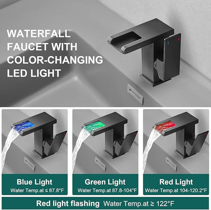 Hoimpro LED Waterfall Bathroom Faucet Matte Black, Single Handle Bathroom Sink Faucet 1 Hole, 3 Colors Light Changing vanity faucet, with Pop-up Drain and cUPC Supply Lines, Stainless Steel