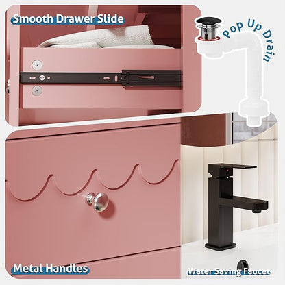 eclife 30" Floating Bathroom Vanity with Sink Combo, Modern Painted Wall-Mounted Vanities Storage Cabinet with Scalloped Decor, Undermount Basin, Faucet, Drain, Pink