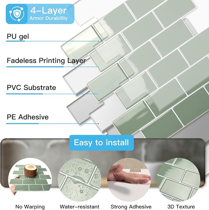 Art3d 10-Pack Subway Tiles Peel and Stick Backsplash, Teal, 12 x 12 Inch | Thickened Design, No Warping, Durable, Self-Adhesive, Sturdy, for Kitchen, Bedroom, Ideal for New Home Buyers, Future Movers