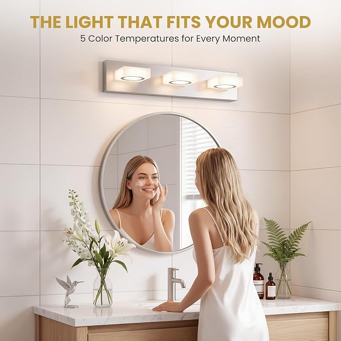 Bathroom Vanity Light, 3-Light 24 Inch Brushed Nickel 5CCT 2700-6500K LED Bathroom Light Fixtures Over Mirror, Vanity Lighting Modern Bath Wall Sconce for Mirror Bedroom Living Room