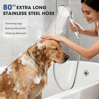 Filtered Shower Head with Handheld, 8 Spray Modes, Silver White | 80" Long Stainless Hose, Built-in Power Wash, Water Softener Filter Beads for Hard Water - Remove Chlorine, Reduce Dry Skin
