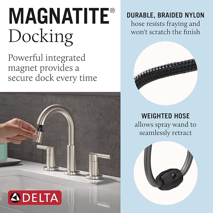 Delta Nicoli Brushed Nickel Bathroom Faucet with Sprayer, 8 Inch 3 Hole Widespread Bathroom Sink Faucet with Pull Out Sprayer, Push-Pop Drain, Stainless 35749LF-SSPD